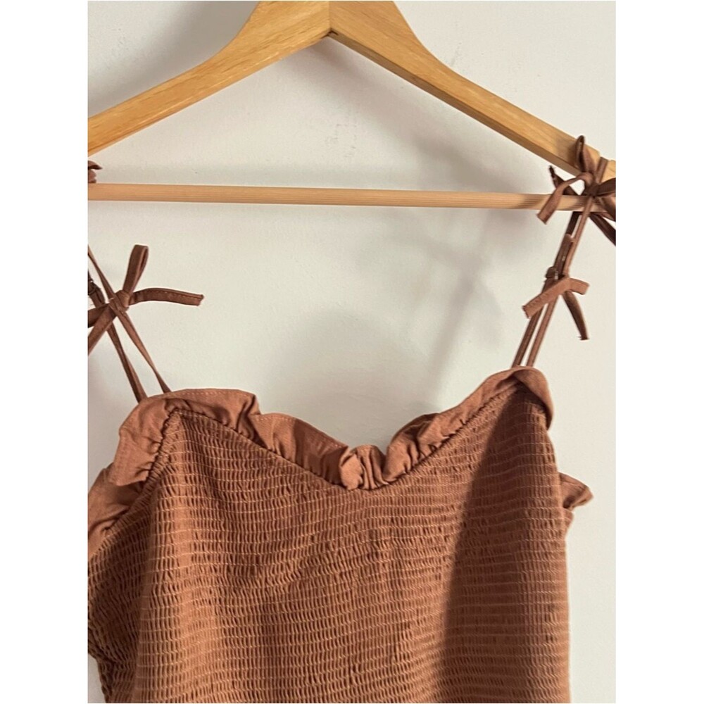 By The River Dress Large Brown Smocked Tie Strap Boho Maxi Summer Flowy - Picture 7 of 9